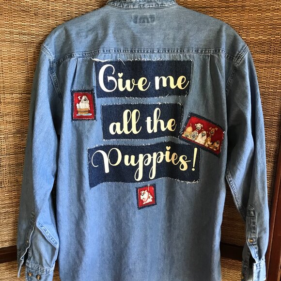 Upcycled Denim Patchwork Shirt, Size L: Give Me All the Puppies Dog Lover Jacket - Picture 7 of 9